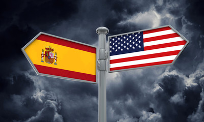 Spain and America flag moving in different direction. 3D Rendering