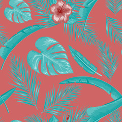 Fototapeta premium Exotic abstract vector jungle or tropical leaf and flower seamless pattern. Vector illustration. Blue leaf and red background.