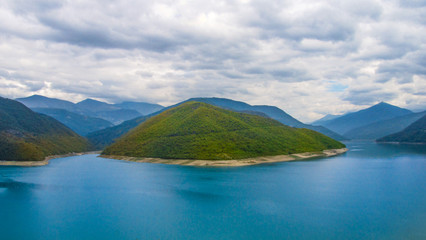 Naklejka na ściany i meble Landscape of Zhinvali Reservoir, Georgia. Beautiful nature water reservoir.