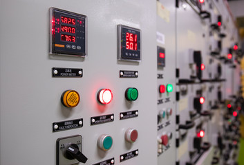 Electrical switch gear at Low Voltage motor control center cabinet  in coal power plant. blurred for background.