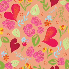 Peach Hearts & Roses Seamless Vector Pattern