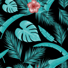 Exotic abstract vector jungle or tropical leaf and flower seamless pattern. Vector illustration. Blue leaf and black background.