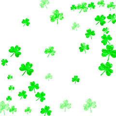 Fototapeta premium St patricks day background with shamrock. Lucky trefoil confetti. Glitter frame of clover leaves. Template for voucher, special business ad, banner. Festive st patricks day backdrop.