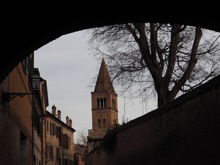 Ferrara, Italy. Medieval San Gregorio church and bell tower.