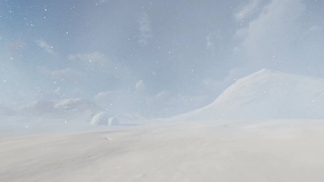 Arctic Igloo against beautiful blue sky, snowing, drone view 4K