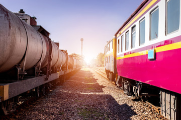 Obraz premium Railroad track, Railway tracks parked wagons at the station waiting for unloading.