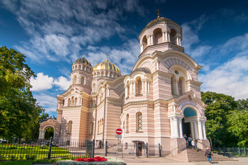 Fototapeta na wymiar Russian orthodox cathedral of the Nativity of Christ in Riga, Latvia.