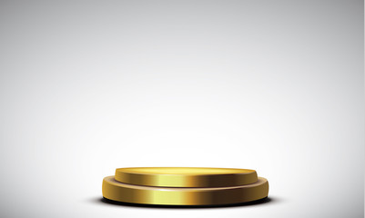 Round podium, pedestal or platform illuminated by spotlights on white background. Stage with scenic lights. Vector illustration. 