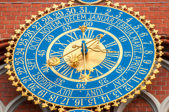 Detail of astronomical clock on the House of Blackheads, Riga, Latvia.
