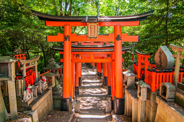 Beautiful unique red wooden gates in a garden Fushimi inari shrine in Kyoto Japan.