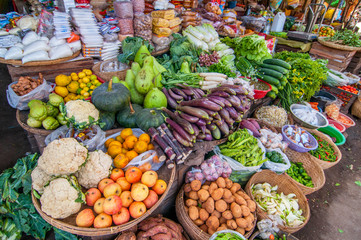 Vegetables and fresh fruits for sale at market, near Bagan, Myanmar (Burma).