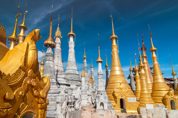 Golden stupas, Shwe Inn Thein Paya, Inthein, Inle Lake, Myanmar.