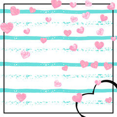 Wedding glitter confetti with heart on turquoise stripe. Falling sequins with shimmer and sparkles. Design with pink wedding glitter for party invitation, event banner, flyer, birthday card.