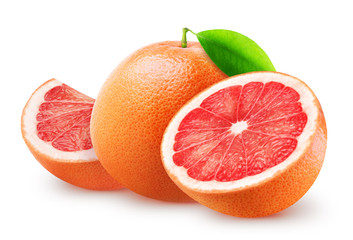 Isolated grapefruits. Whole grapefruit, half and piece isolated on white background, with clipping path