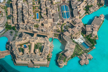 Aerial view of Downtown Dubai from the tallest building in the world, Burj Khalifa, Dubai, United Arab Emirates.