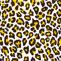 Seamless leopard print. Animal skin pattern. Spots of wild animals hand painted watercolor ornament. Brown and yellow on white background. 