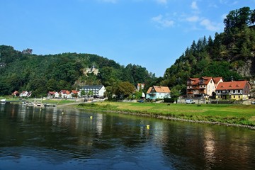 Fototapeta na wymiar Germany-view of the town Rathen from boat