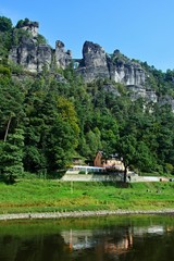 Germany,Saxony-view of the Bastei bridge from boat