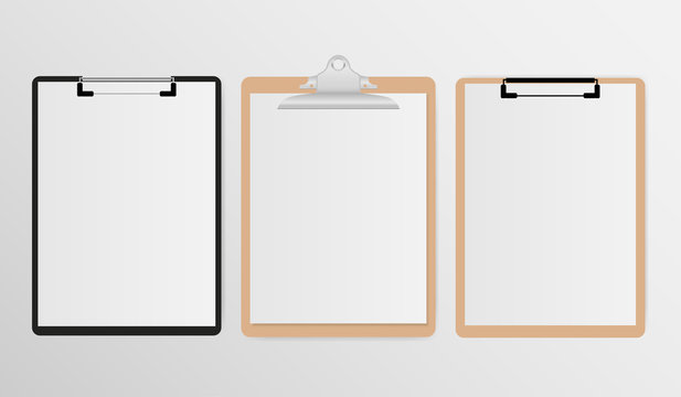 Set of clipboard with white sheet on gray background