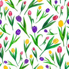 Flowers Tulips Watercolor Seamless Pattern Drawing Digital Paper Illustration Botanical Spring Decorations Greeting Card Design Invitation