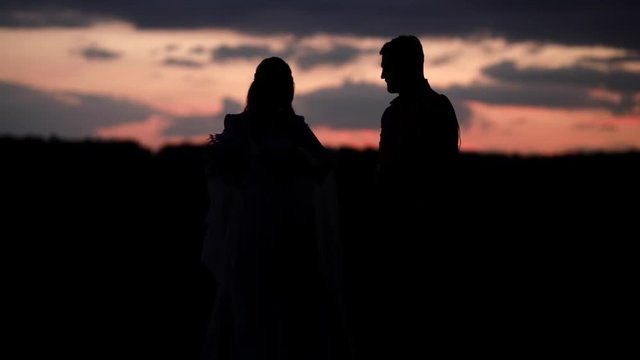 Contre-jour man and woman silhouettes wedding bride and groom married couple silhouette dancing in the sunset