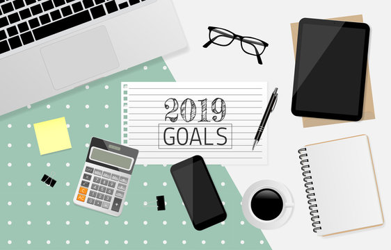 2019 Goals on note paper with office supplies on green and gray background. Vector illustration