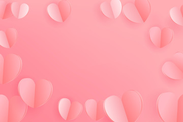 Paper hearts on pink background. Valentine`s Day and Mother`s Day celebration card