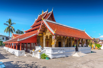 The temple of Wat Mai Suwannaphumaham, one of the temples in Luang Prabang Laos.