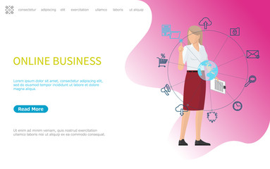 Online business web poster, woman working worldwide using modern technologies. Global mobile banking and networking, cloud storage access and message icons. Website or webpage, landing page flat style