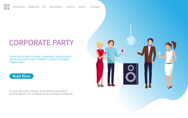 Corporate party, four persons drinking wine and having good time at disco club. Workwomen in evening dress and workmen in trouthers and shirt vector. Website or webpage template, landing page in flat
