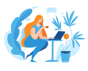 Vector concept business illustration with woman drinking coffee