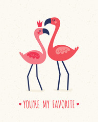 Cute vector greeting card template in coral and blush pink with flamingos, crown and geometric love hearts. Text reads You’re My Favorite. For Valentines Day, Wedding, Engagement, poster, invitation.