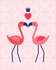Cute vector greeting card template in coral and blush pink with flamingos, crown and geometric love heart on subtle palm leaf background. For Valentines Day, Wedding, Engagement, poster, invitation.
