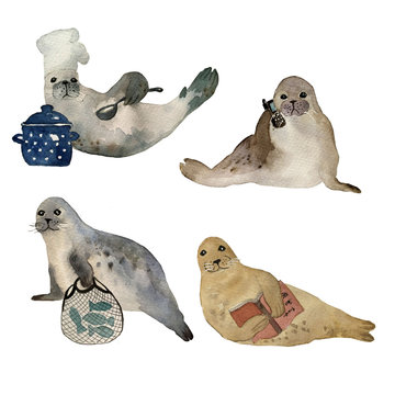 Watercolor illustration of a sea seals - funny animals