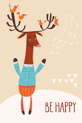 Motivational vector card with deer and be happy