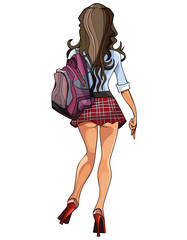 Cartoon sexy girl in a short skirt. Back view