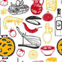 Pattern with Spanish Food in Hand-Drawn Style