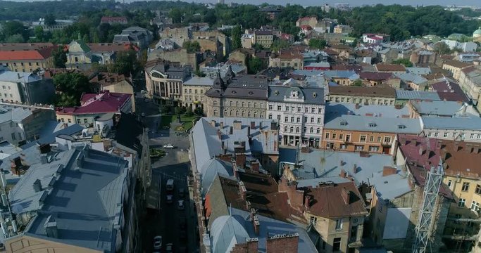 old city town roofs. road
