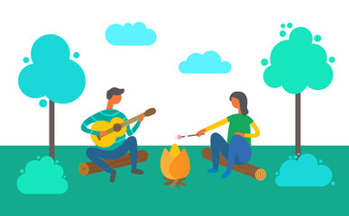 Obraz na płótnie Canvas Camping people vector, couple sitting by bonfire together. Man playing guitar and woman frying melting marshmallows, nature with trees, grass and bushes
