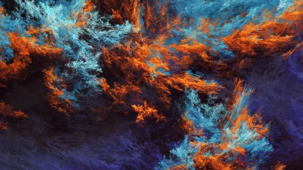 Poster Im Rahmen Abstrakte blaue und orange fantastische Wolken. Bunter fraktaler Hintergrund. Digitale Kunst. 3D-Rendering. © Klavdiya Krinichnaya