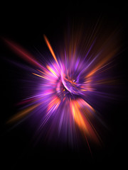 Abstract holiday background with blurred rays and sparkles. Fantastic violet and orange light effect. Digital fractal art. 3d rendering.