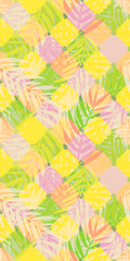 Seamless background of palm branches, squares and lines