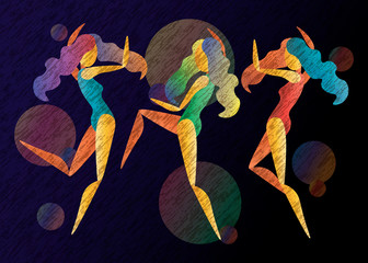 three vector abstract bright color dancing girls