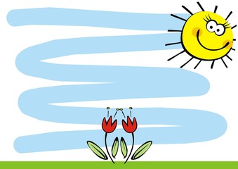Blank banner, meadow and sun, vector illustration. Floral backdrop with smile funny sun on blue sky. There are two tulips in the foreground.	