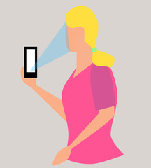 Girl taking selfie, pixel art. Woman recording video taking photo on phone camera texting making video call, watching phone screen.