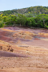 Unusual volcanic formation seven colored earths in Chamarel on tropical island of Mauritius.