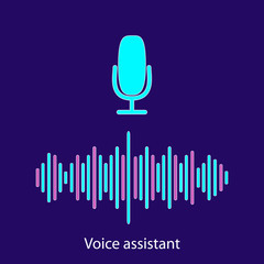 Personal assistant and voice recognition concept flat illustration of sound symbol intelligent technologies. Microphone button with bright voice and sound imitation lines.