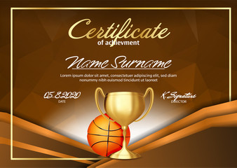 Basketball Game Certificate Diploma With Golden Cup Vector. Sport Graduate Champion. Best Prize. Winner Trophy. A4 Horizontal. Illustration