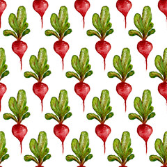 Watercolor Vegan Pattern. Seamless Hand Drawn  Vegetables. Healthy Food Print. Gardening Background. Greenery Repeatable Design for Menu, Restaurant, Salat Bar, Farmers Market. Beetroot. Vegetarian.