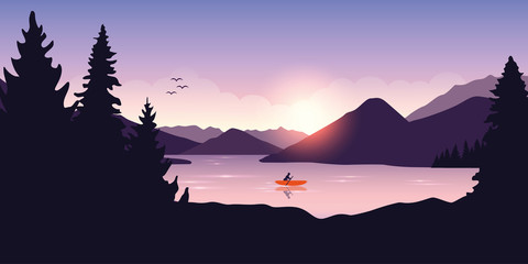 lonely canoeing adventure with orange boat at sunrise on the lake vector illustration EPS10
